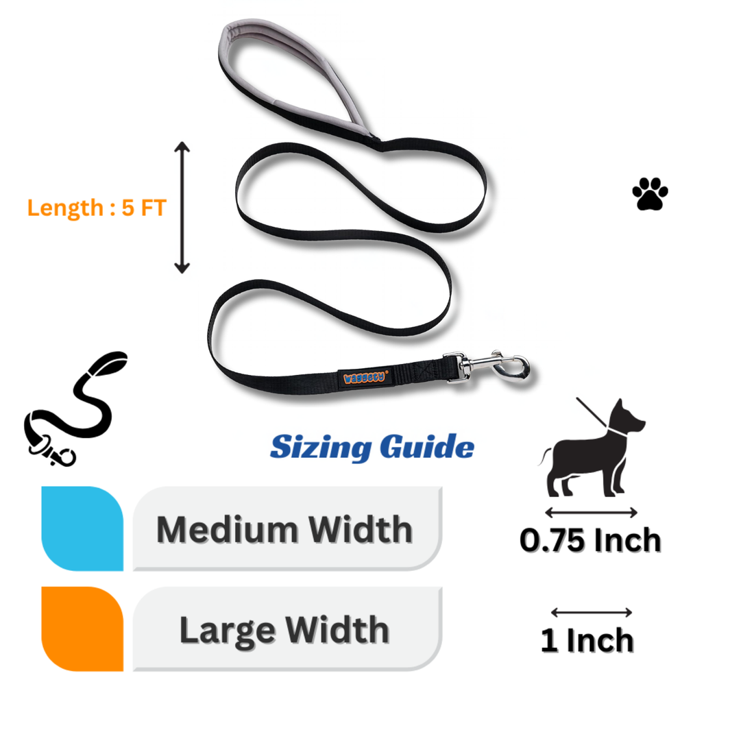 Waggety Dog Leash - Durable Black Polyester, Comfortable Padded Grip, Stylish Pet Leash for Dogs