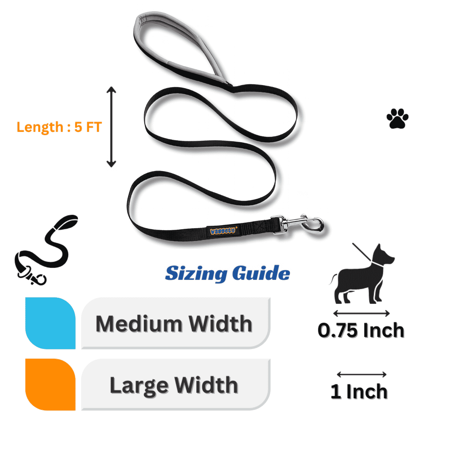 Waggety Dog Leash - Durable Black Polyester, Comfortable Padded Grip, Stylish Pet Leash for Dogs - Waggety 