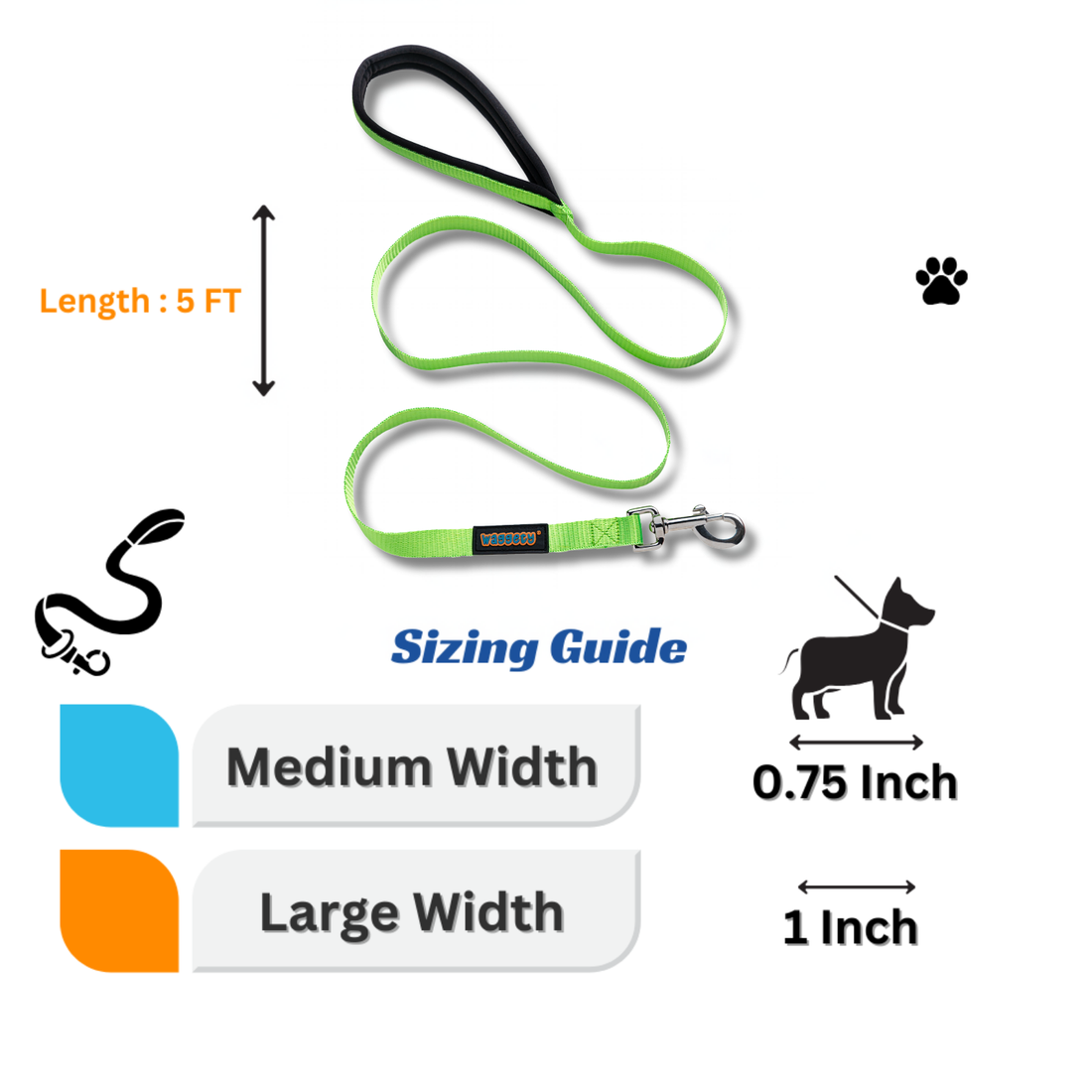 Waggety Dog Leash - Durable Green Polyester, Comfortable Padded Grip, Stylish Pet Leash for Dogs