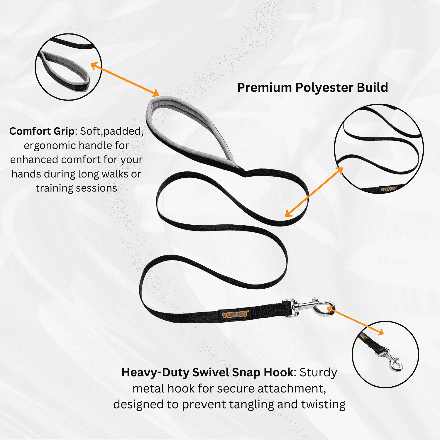 Waggety Dog Leash - Durable Black Polyester, Comfortable Padded Grip, Stylish Pet Leash for Dogs - Waggety 