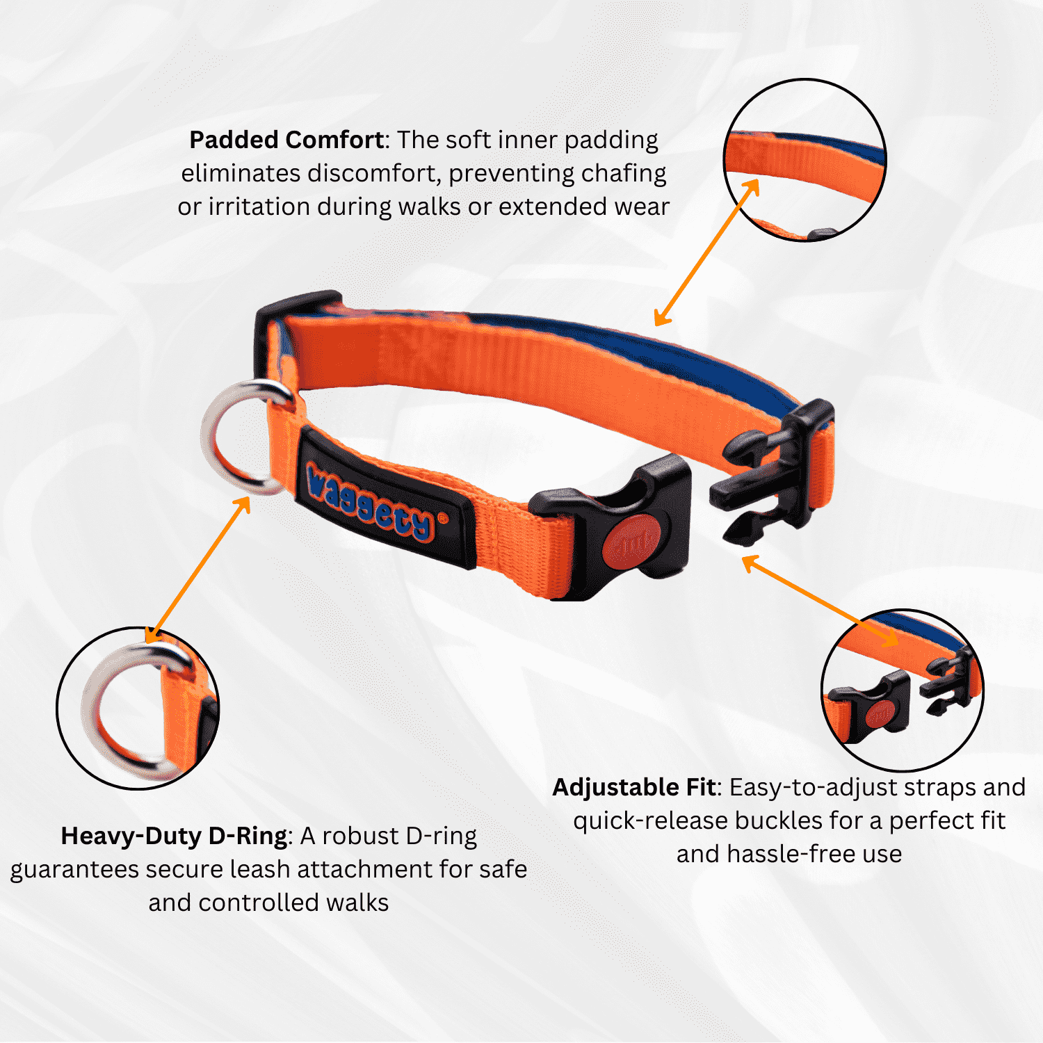 Waggety Padded Dog Collar - Adjustable, Comfortable Fit, Durable Polyester, Soft Padded Dog Accessory, Pet Neck Collar, Dog Gear for Medium Dogs, Orange, M - Waggety 