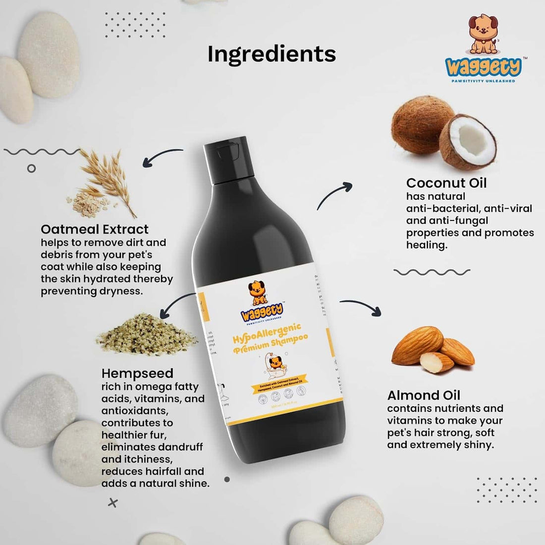 Hypoallergenic Premium Shampoo for Dogs | Oatmeal Extract, Hempseed, Coconut & Almond Oil | 500 ML - Waggety 